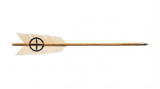 Traditional wooden arrow with a sun symbol on the feather isolated on white
