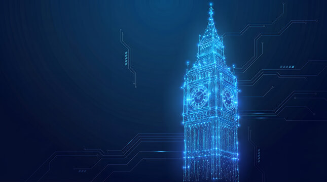 Futuristic vector illustration of the Big Ben clock tower in London composed of glowing blue low poly wireframe, circuit lines, and luminous network dots on dark background. Perfect for AI themes