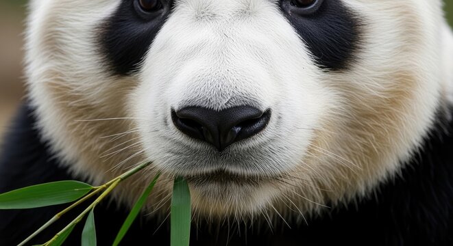 Close-up of a Giant Panda Eating Bamboo Leaves in Nature.