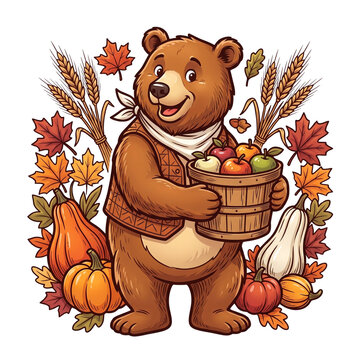 Charming autumn illustration featuring a friendly cartoon brown bear wearing a patterned vest and scarf while holding a wooden basket filled with apples, surrounded by seasonal pumpkins, whe
