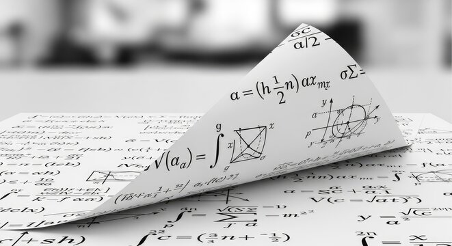 Close-up of Mathematical Equations on Rolled Paper with Blurred Background.