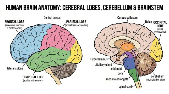Human Brain Anatomy Cerebral Lobes Cerebellum Brainstem Diagram