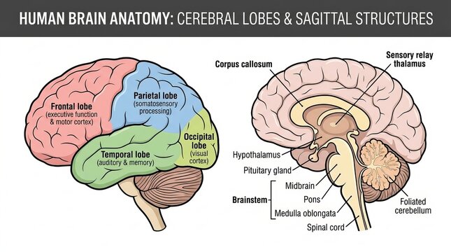 Human Brain Anatomy Cerebral Lobes Sagittal Section Illustration
