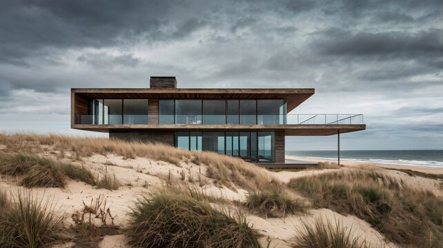 Modern luxury beach house built on sand dunes under a dramatic cloudy sky