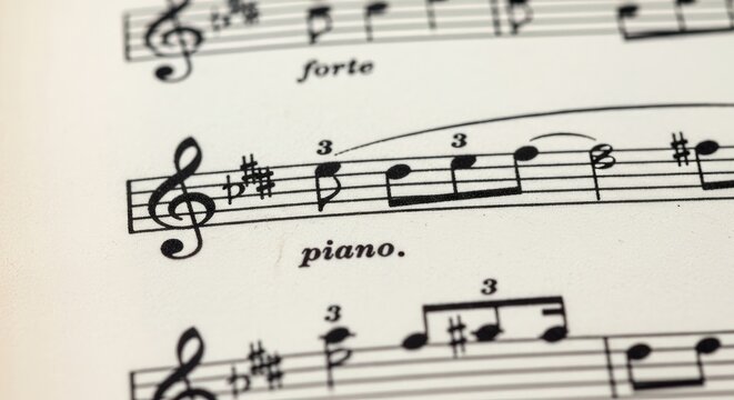 Detailed Close-Up of Musical Notes and Symbols on Sheet Music.