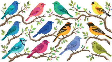 Obraz premium Vibrant Colorful Wild Bird Vector Illustration Set with Various Songbirds Perched on Green Leafy Berry Branches for Nature Designs