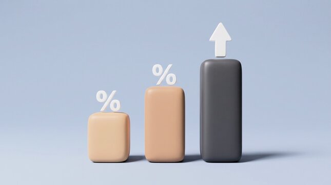 Three dimensional render of ascending business growth bar charts featuring percentage symbols and upward arrow showing financial success
