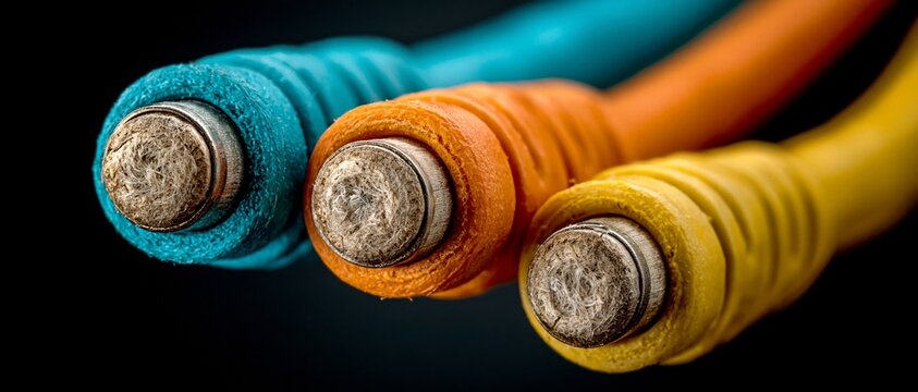 Three colored electrical cables with worn ends showing frayed wires against a black background.