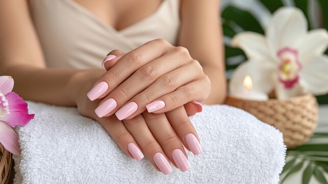 Womans perfectly manicured hands resting on a soft towel near a lit candle and orchids.