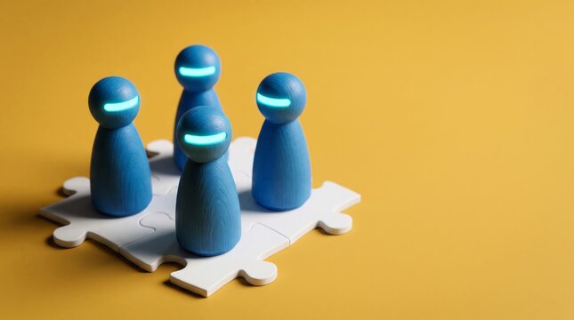 Blue wooden peg doll figures standing together on interlocking white jigsaw puzzle pieces with glowing visor lights
