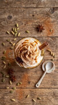Pumpkin spice latte topped with whipped cream, cinnamon stick and star anise