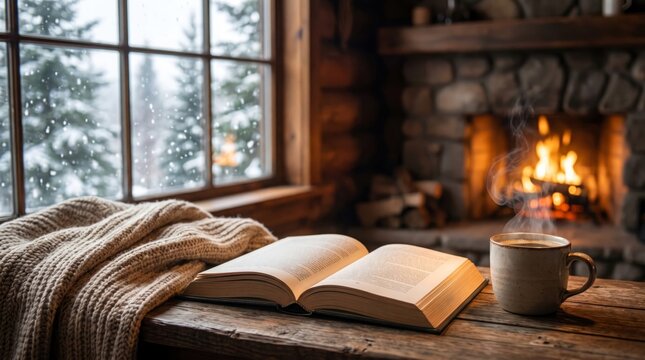 Open book and steaming ceramic mug sitting on a wooden table beside cozy fireplace and winter window