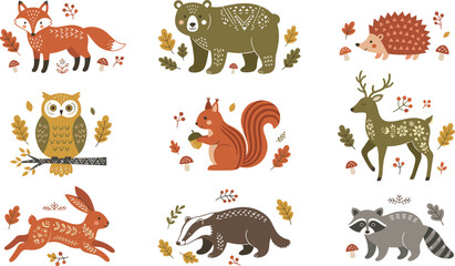 Obraz premium Scandinavian Folk Art Woodland Animal Vector Set Featuring Fox Bear Deer Owl and Raccoon Elements for Autumn Home Decor Textiles and Botanical Background Patterns