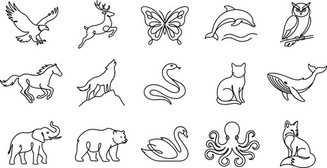 Obraz premium Minimalist Continuous Line Art Animal Vector Collection Featuring Eagle Deer Butterfly Horse and Bear Icons for Modern Logo Design Branding and Tattoo Graphics