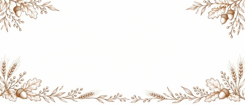 Botanical oak leaf acorn and wheat line art Thanksgiving wide banner background with delicate botanical border and copy space