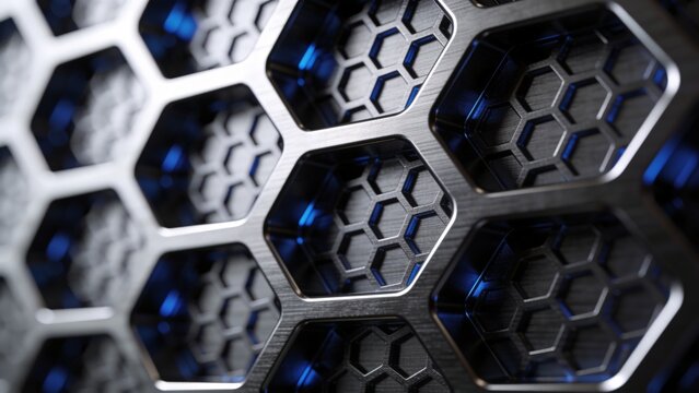 Seamless metallic honeycomb texture featuring a dense three-dimensional microstructure of dark anodized metal, subtle blue reflections, precise repeating geometry, realistic industrial detail, and a f
