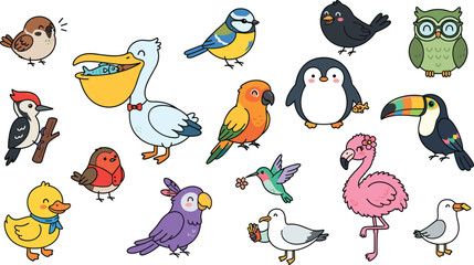 Fototapeta premium Cute Cartoon Bird Vector Illustration Collection Featuring Penguin Flamingo Toucan Owl and Pelican Clipart Elements for Kids Design and Creative Projects