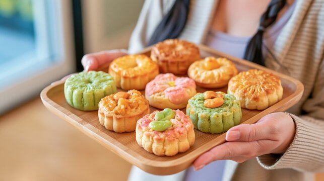 Tray of assorted baked goods presented by a person.