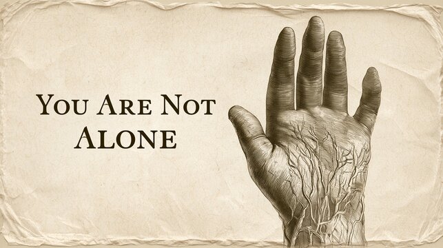 Vintage engraving banner of a hand with skin texture and blood vessels on the right, sepia hatching, classic serif text "You Are Not Alone" 