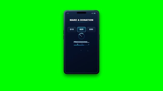 Online donation animation featuring a smartphone donation interface and Donate button, ideal for mobile giving, charity campaigns, fundraising, nonprofit projects, digital payments, and green screen v