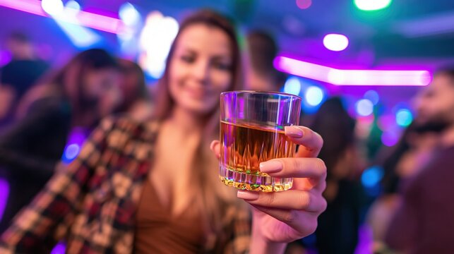 Woman holding a glass of amber liquid in a dimly lit club.