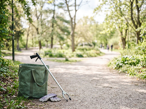 A metal trash picker and a green canvas bag sit on a park path during a sunny day.