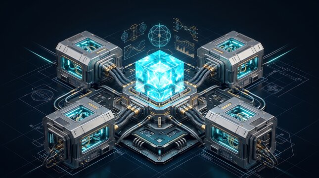 Isometric Modular Quantum Core, Futuristic Computing Illustration