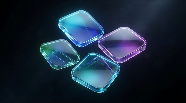 Four multi-colored glass squares with light reflections on dark backdrop colorful glass geometric shapes dark background abstract art