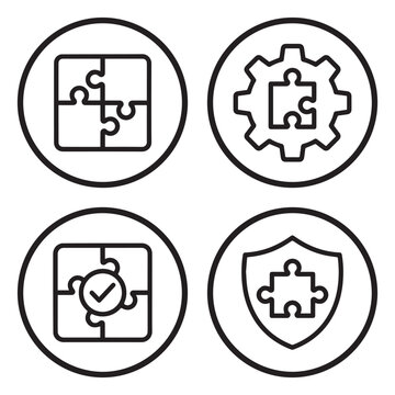 Set of puzzle pieces within circle frames representing problem solving and strategy with strategy solution thinking business development connection planning management illustration abstract