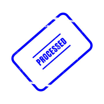 A vibrant blue processed stamp graphic is isolated on a clean white background representing a finished task or official verification of information