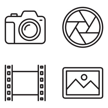 Set of four outline photography icons featuring a camera lens aperture film strip landscape photo photography aperture landscape illustration equipment creative collection interface
