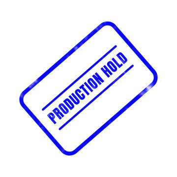 Production hold stamp illustration featuring a rectangular blue seal with the words production hold clearly displayed on a plain white background