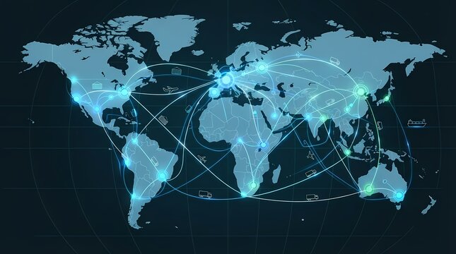 Global digital network connections across world map with glowing nodes.