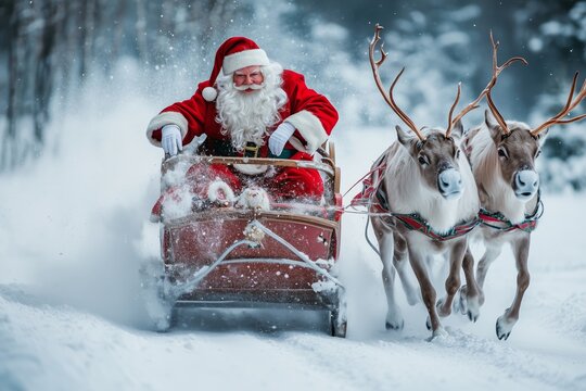 a santa claus with a beard and red costume rides on a sleigh in the snow with reindeer