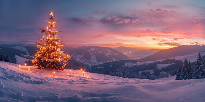 A Christmas tree with candles and lights stands lonely and romantic in a panoramic landscape with snow and mountains at sunset