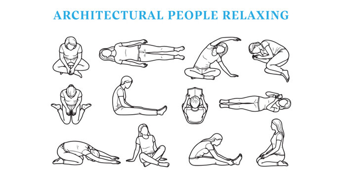 Architectural Scale People Relaxing Top View Plan View Vector Set Yoga Stretching Lying Down CAD Blocks Human Entourage Figures Floor Plan Blueprint Layout Rendering