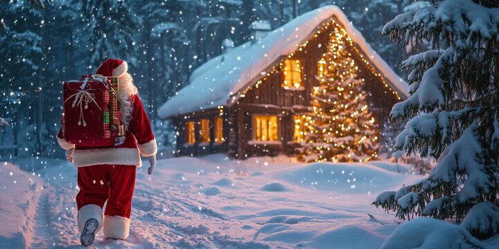 Santa Claus with a backpack full of presents walks through the snow to a lonely romantically lit hut