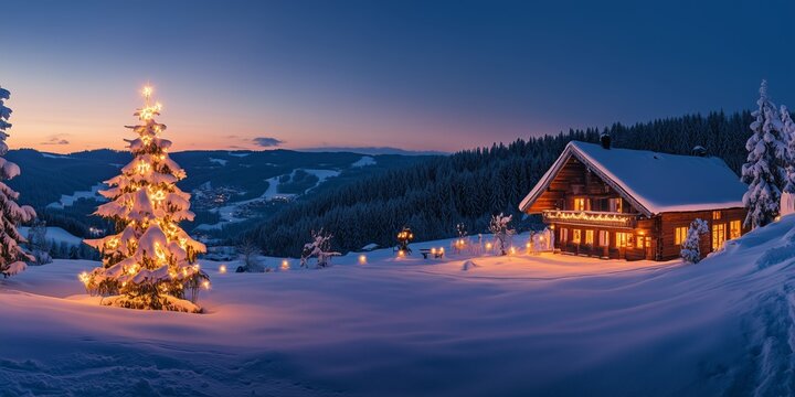 a christmas tree with candles stands in the snow next to a lonely romantically lit hut in mountains