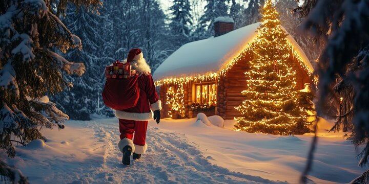 Santa Claus with a backpack full of presents walks through the snow to a lonely romantically lit hut