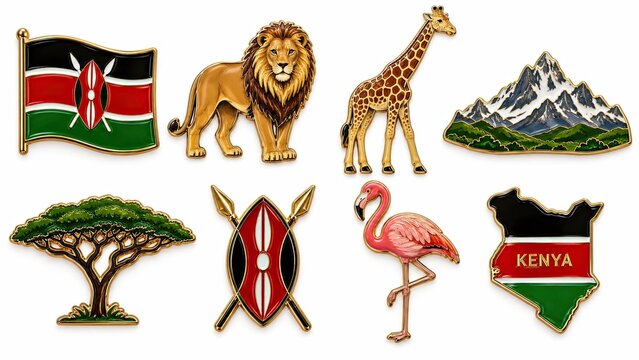 Kenya-themed illustrated sticker collection featuring the Kenyan flag, lion, giraffe, mountain landscape, acacia tree, flamingo, shield, and map.