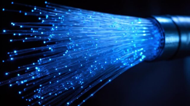 Blue Fiber Optic Strands: A close-up shot showcases the vibrant blue light glowing within a bundle of fiber optic cables, representing advanced technology and high-speed data transfer.