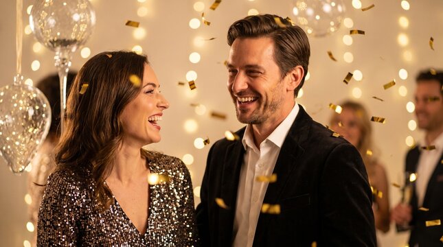 Elegant couple laughing with golden confetti celebrating New Year party