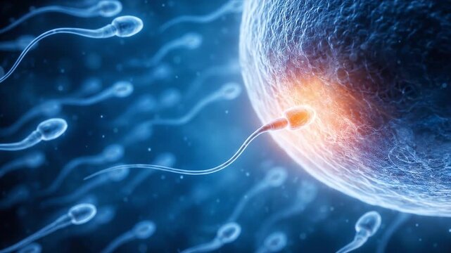 Fertilization Science: A microscopic view of numerous sperm cells swimming towards and attempting to fertilize a human egg cell.