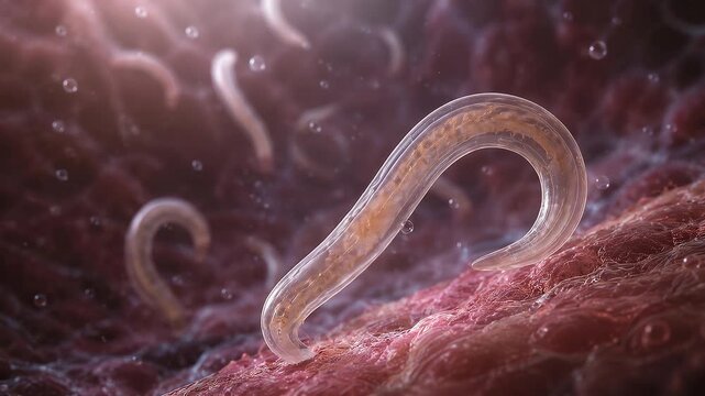 Parasitic Worm in Close-up: A microscopic view reveals a transparent, elongated parasitic worm, possibly a nematode, in a dark, organic environment, hinting at the hidden world of biology and disease.