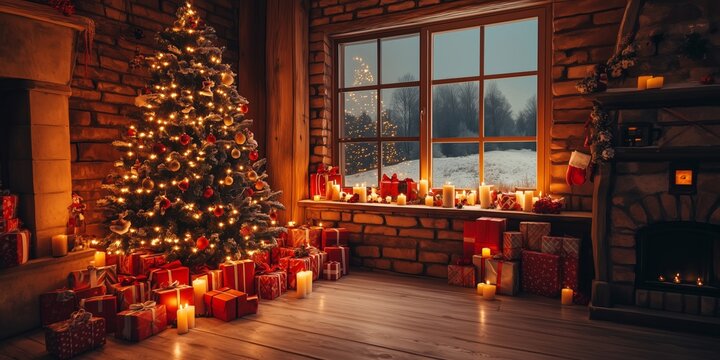 many presents lie under a beautifully decorated Christmas tree in the cozy living room on Christmas Eve