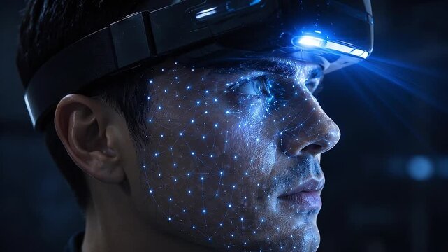 Immersive Reality Scan: A man's face is illuminated by a grid of blue digital light points from a virtual reality headset.