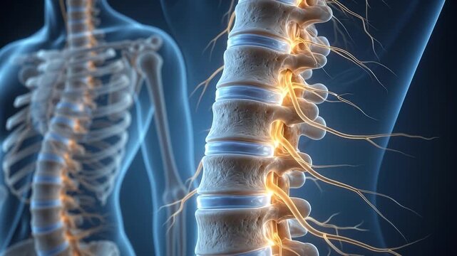 Human Spine Anatomy: A detailed, glowing anatomical illustration of the human spine, showcasing the vertebrae, spinal cord, and nerve endings in a stark, sci-fi aesthetic.