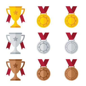 Set of gold silver and bronze trophy cups and medals for competition winners with competition achievement champion ceremony recognition illustration excellence performance challenge
