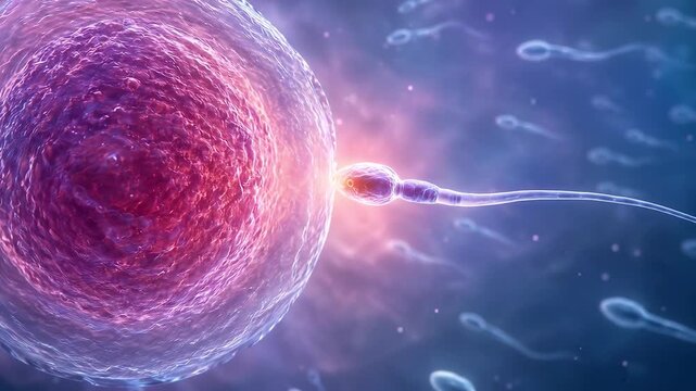 Fertilization Process: A microscopic view of fertilization where a sperm cell penetrates an egg cell, symbolizing the beginning of new life and reproduction.