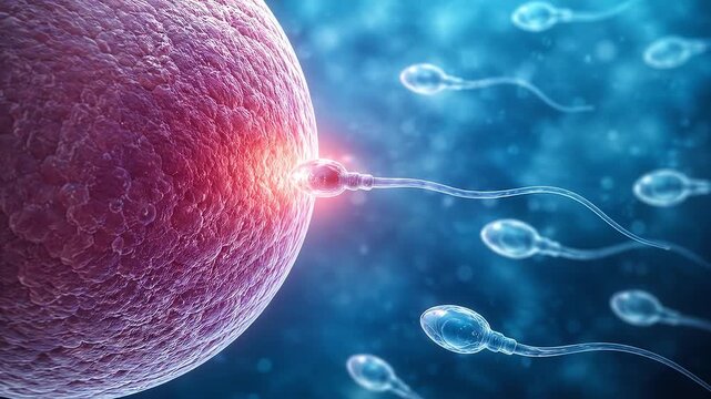 Fertilization Encounter: A microscopic view of numerous sperm cells actively swimming towards and attempting to penetrate a large ovum, illustrating the beginning of conception in a scientific.